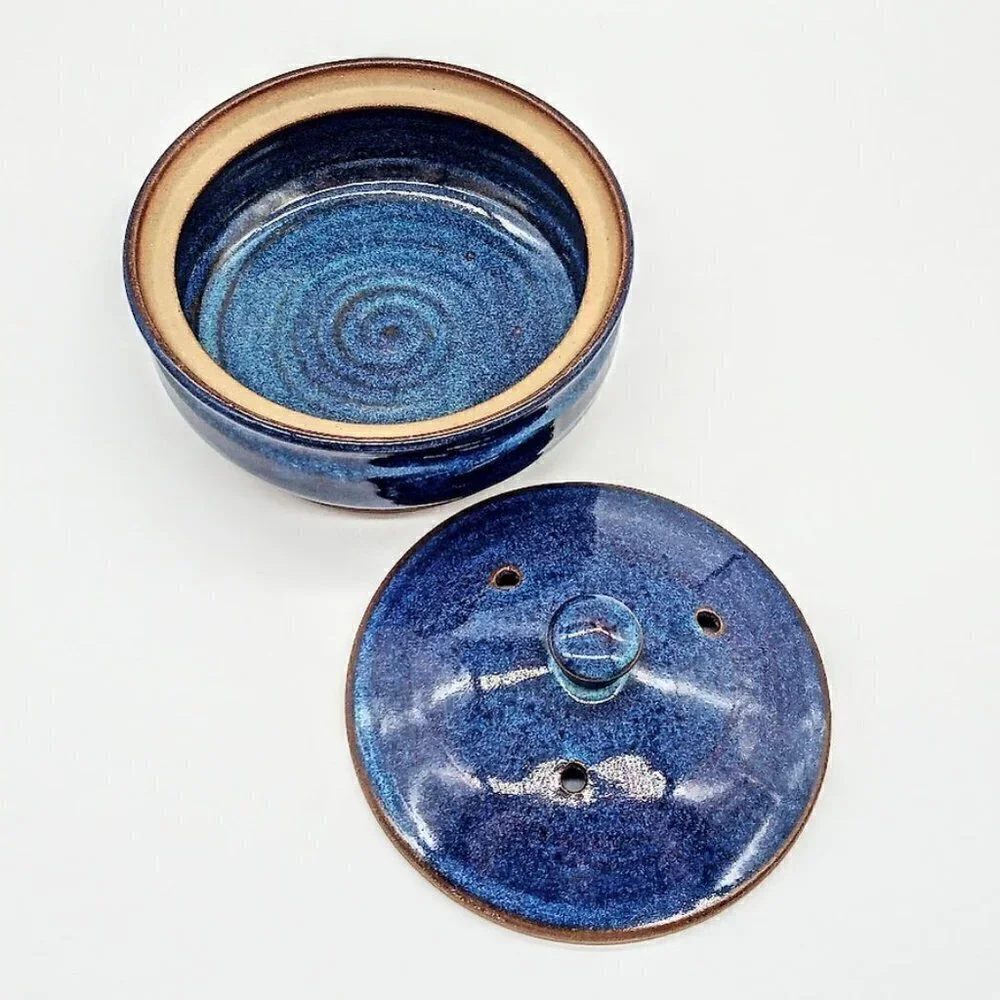Blue Glazed Covered Ceramic Round Baker